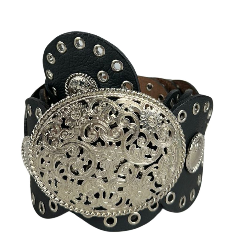 Cinto Feminino Paul Western Em Couro Preto Com Detalhes Em Ilhós E Medalhas Com Fivela Prata Ref:484