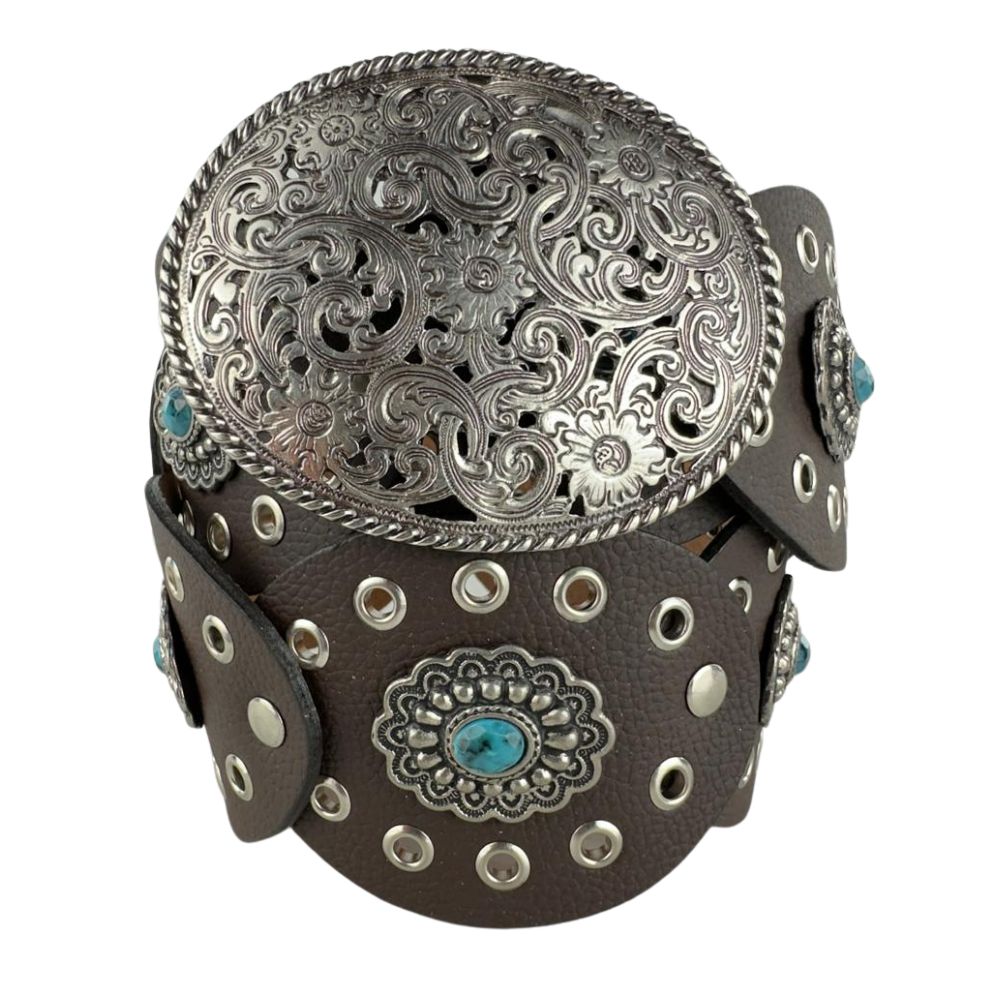 Cinto Feminino Paul Western Couro Marrom Com Detalhes Em Ilhos E Medalhas Com Pedra Azul E Fivela Prata Ref:484