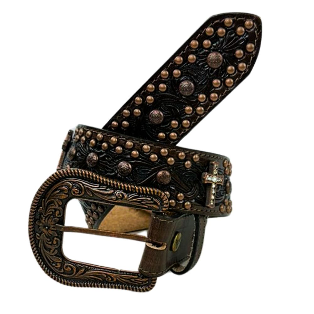 Cinto Feminino Paul Western Couro Marrom Escuro Com Detalhes Em Dourado Com Cruz De Strass Ref:426