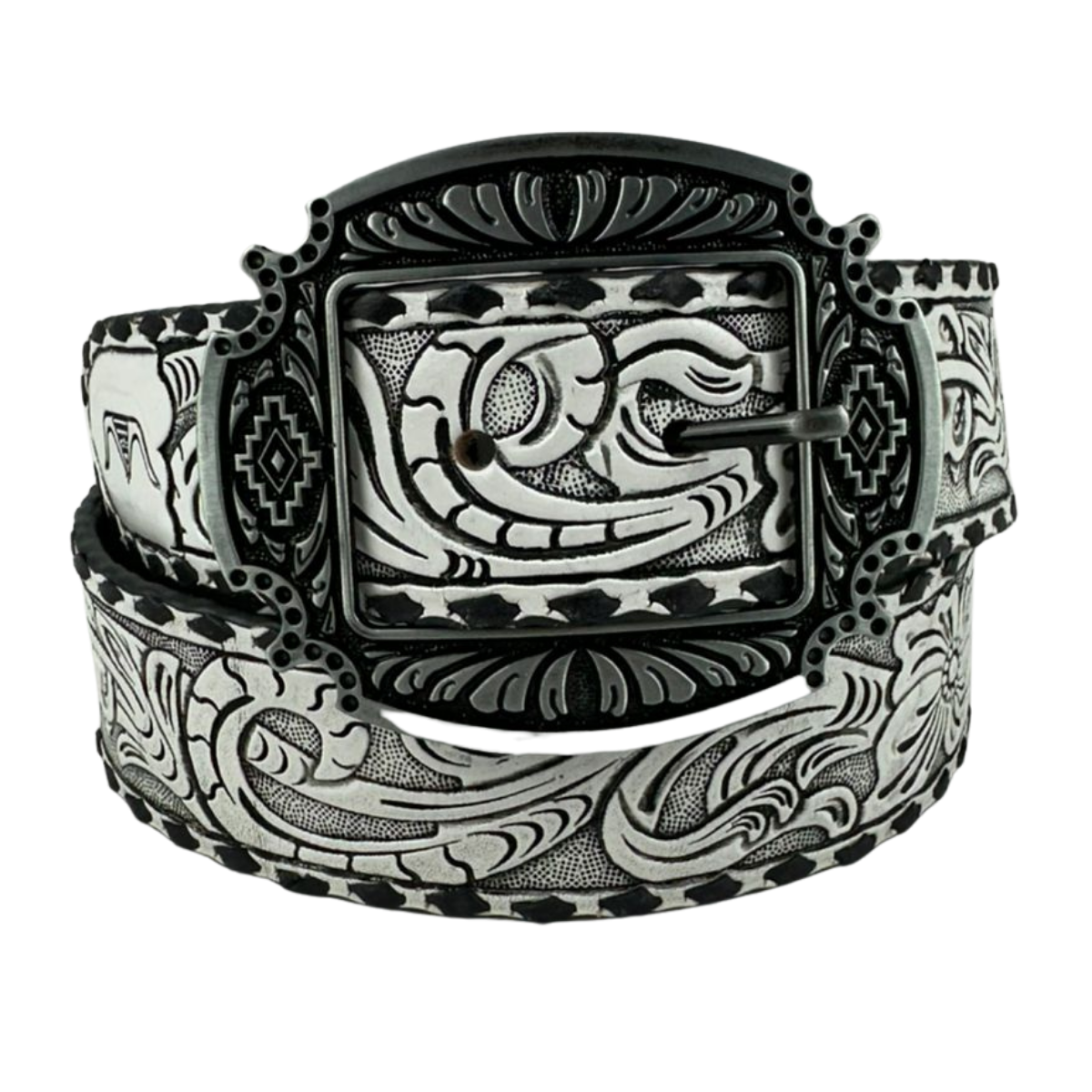 Cinto Feminino Pyramid Country Couro Branco Entalhado Ramo Com Trança Lateral Preto - Ref. PY-6773