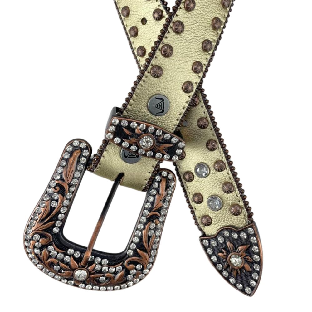 Cinto Feminino Pyramid Country Couro Dourado Com Strass Fivela E ...