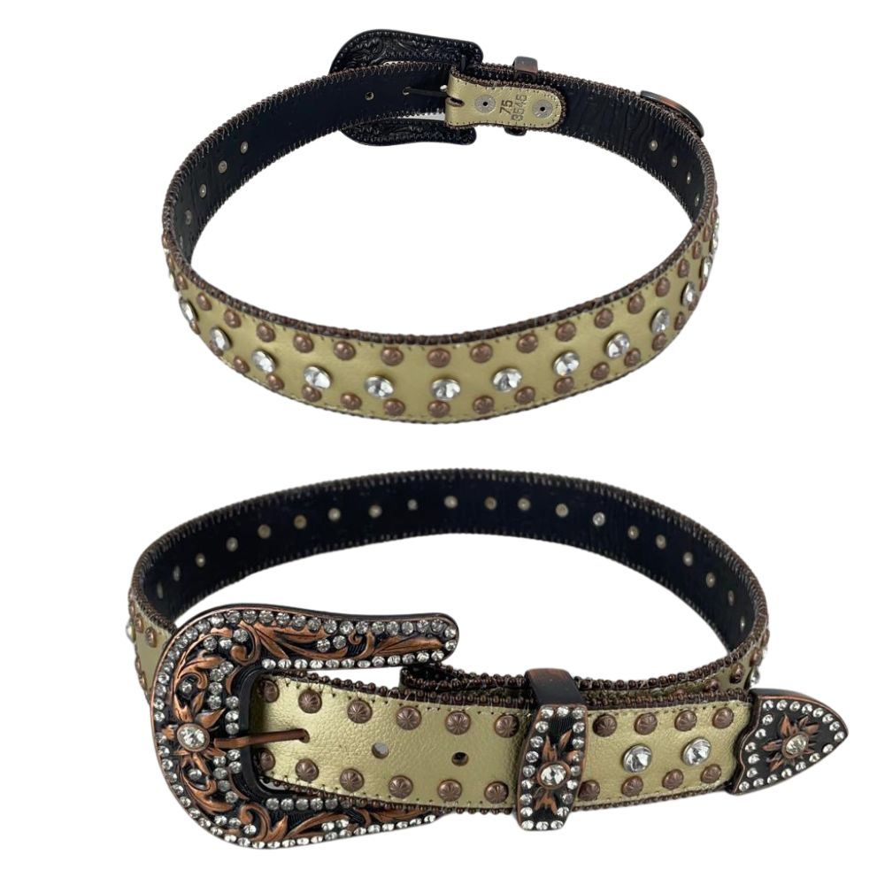 Cinto Feminino Pyramid Country Couro Dourado Com Strass Fivela E ...