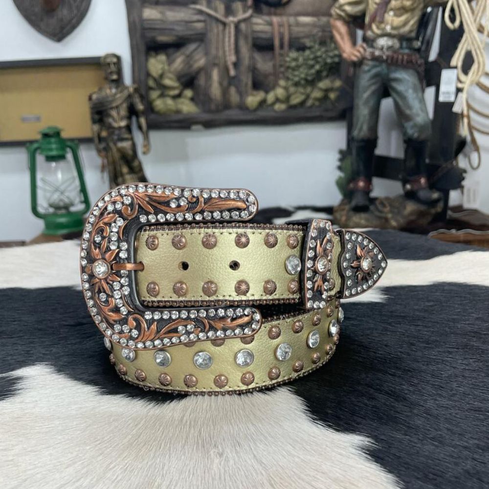 Cinto Feminino Pyramid Country Couro Dourado Com Strass Fivela E ...