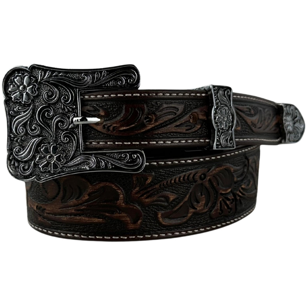 Cinto Feminino Pyramid Country Couro Marrom Despontado Floral Fivela E Ponteira Prata Ref:PY-9701