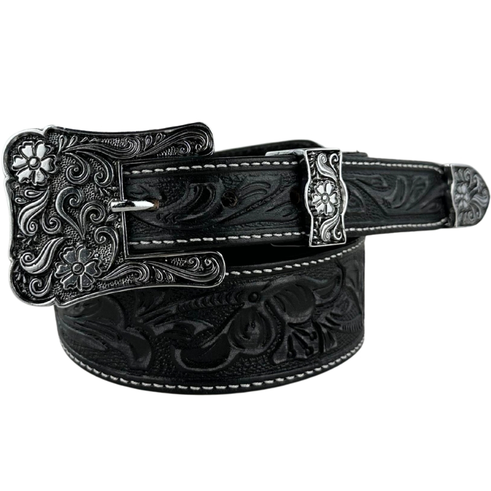Cinto Feminino Pyramid Country Couro Preto Despontado Floral Lixado Fivela E Ponteira Prata Ref:PY-9701
