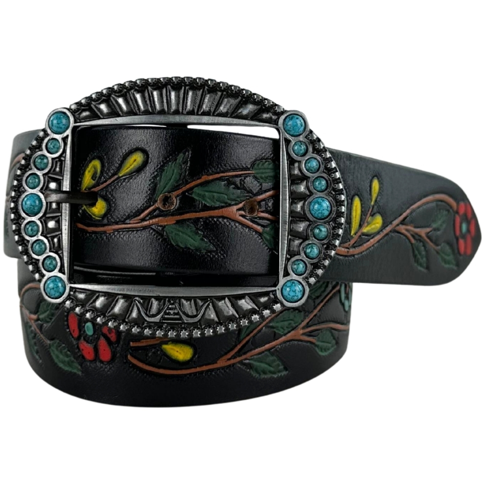 Cinto Feminino Pyramid Country Couro Preto Entalhado Flores E Ramos Coloridos Ref:PY-6784