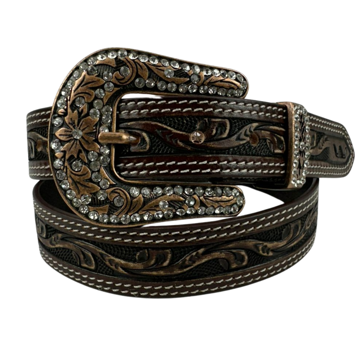 Cinto Feminino Pyramid Country Marrom 2 Costuras Entalhado Ramo e Fivela Com Strass - Ref: PY-662
