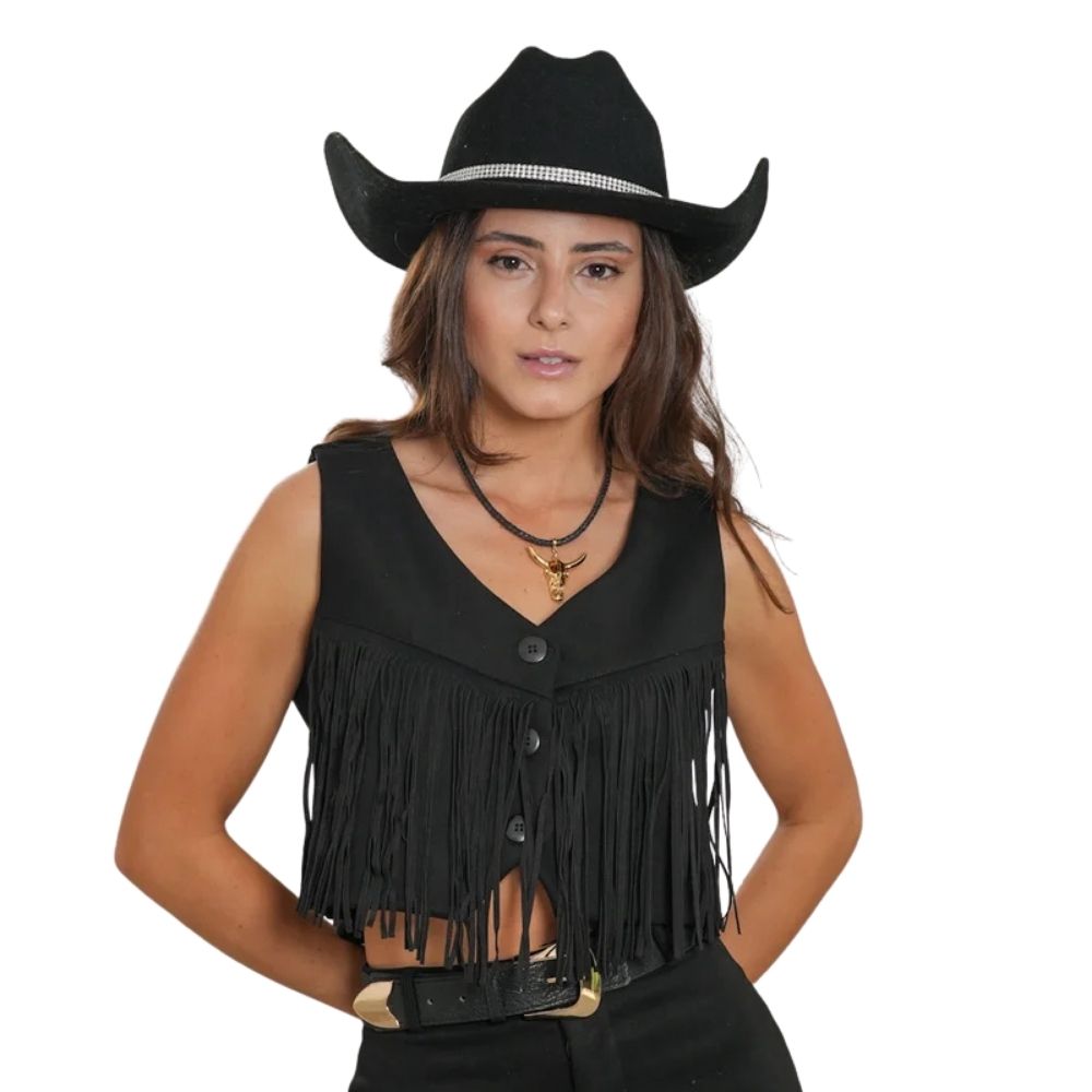 Colete Cropped Feminino Country City Preto Com Franjas Júlia Ref: CF 2094