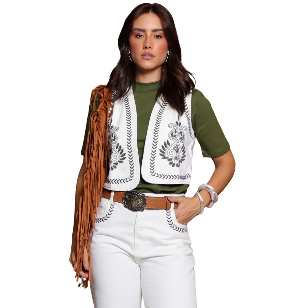 Colete Feminino Country City Bia Jeans Cru Com Bordado Verde