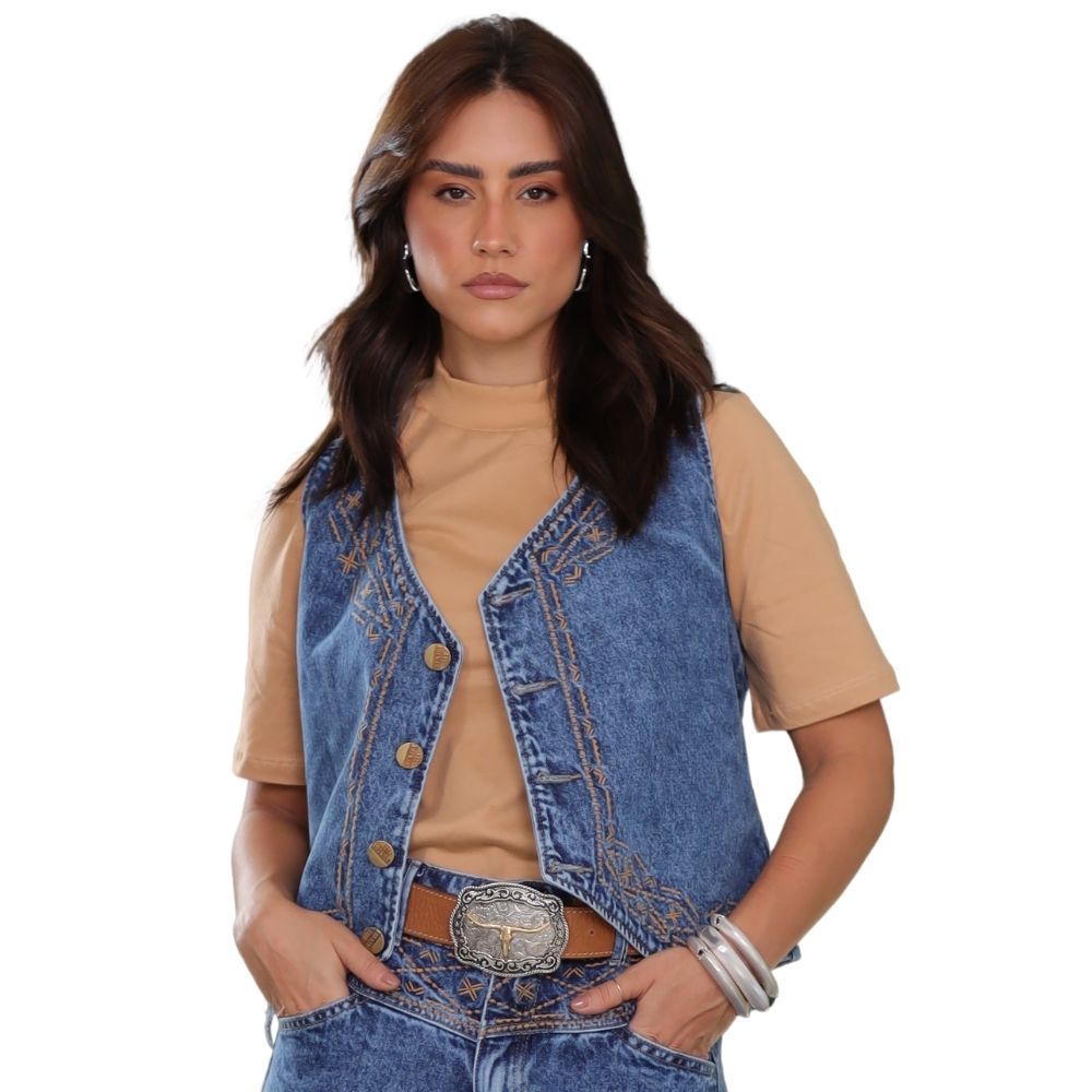 Colete Feminino Country City Jeans Bordado Samara Ref: CB 2088