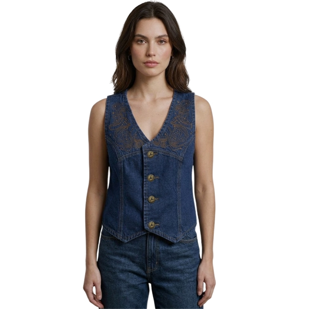 Colete Feminino Country City Lainey Jeans Azul Bordado Marrom REF:CL21134