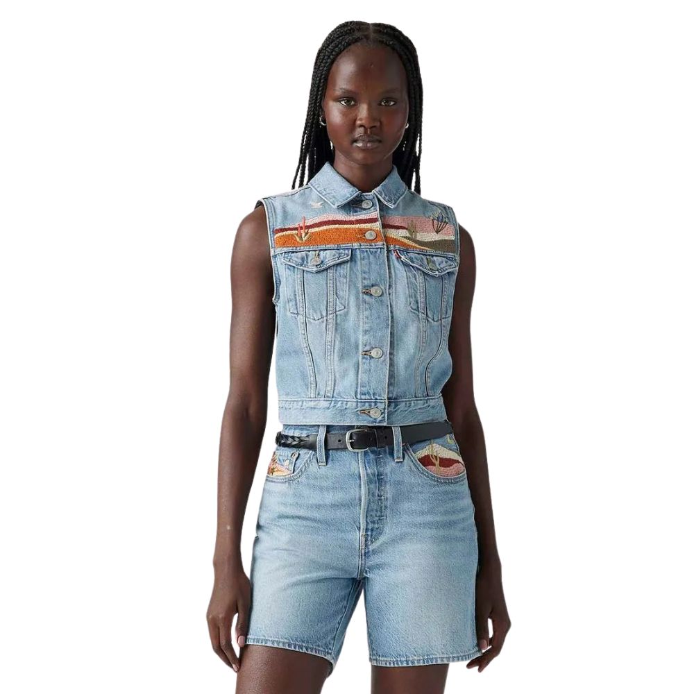 Colete Feminino Levi's Jeans Azul Claro Com Bordado Ref:002A70000