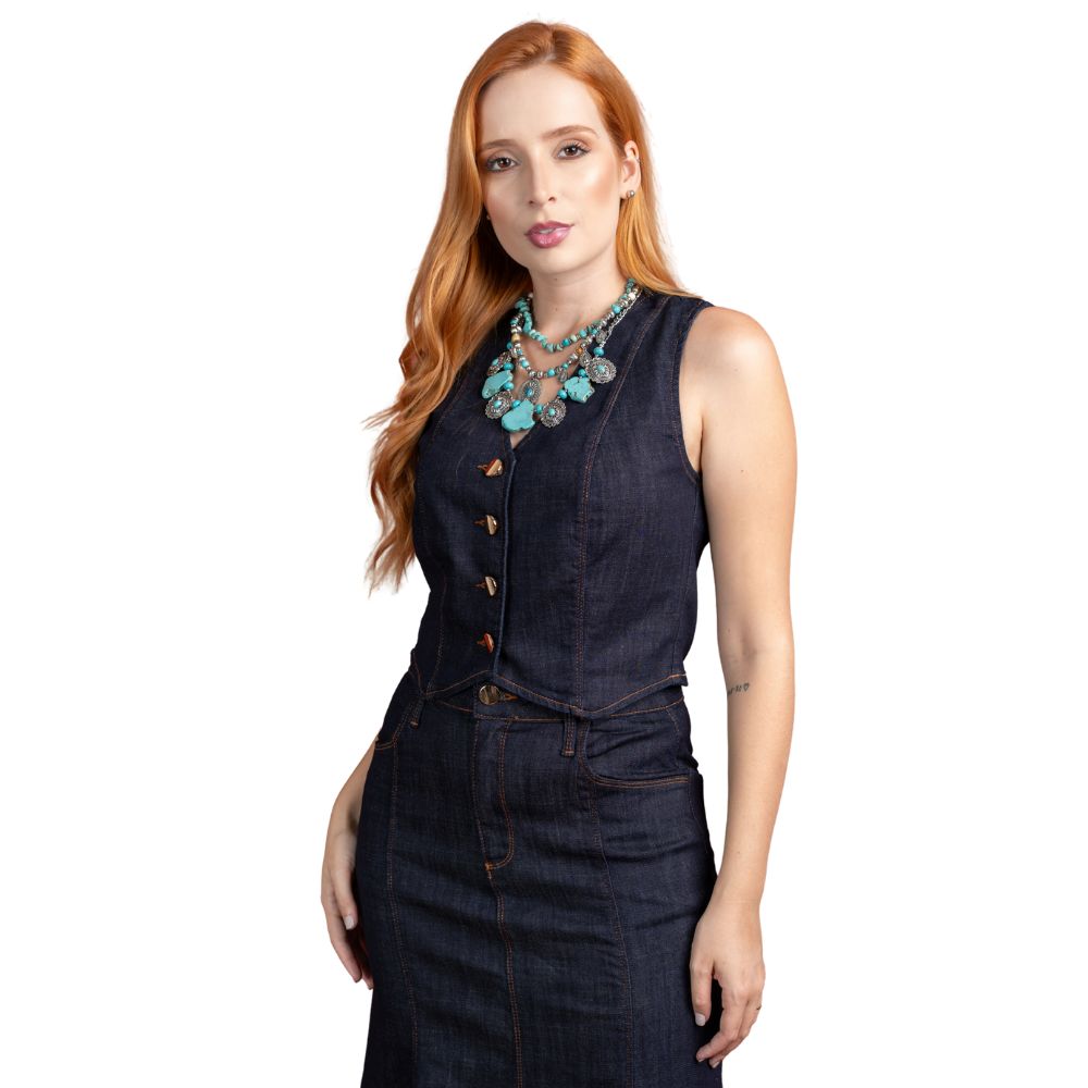 Colete Feminino Miss Country Jeans Azul Escuro Com Botões Dourados Ref:3282