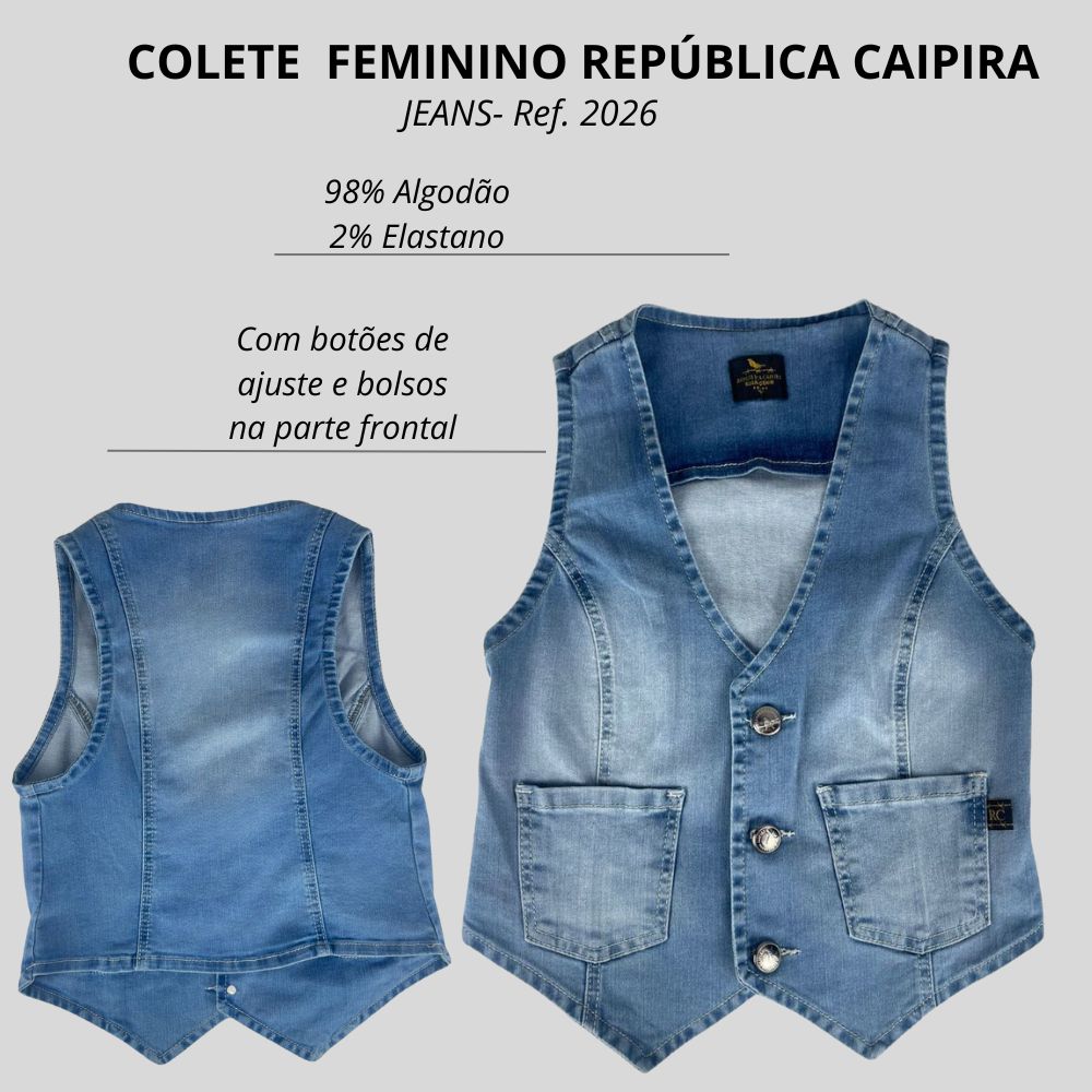 Colete Feminino República Caipira Jeans Jessy Com Bolso Azul Claro