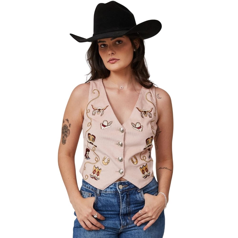 Colete Feminino Turkese Country Roads Rosê Bordado Ref: CT11501