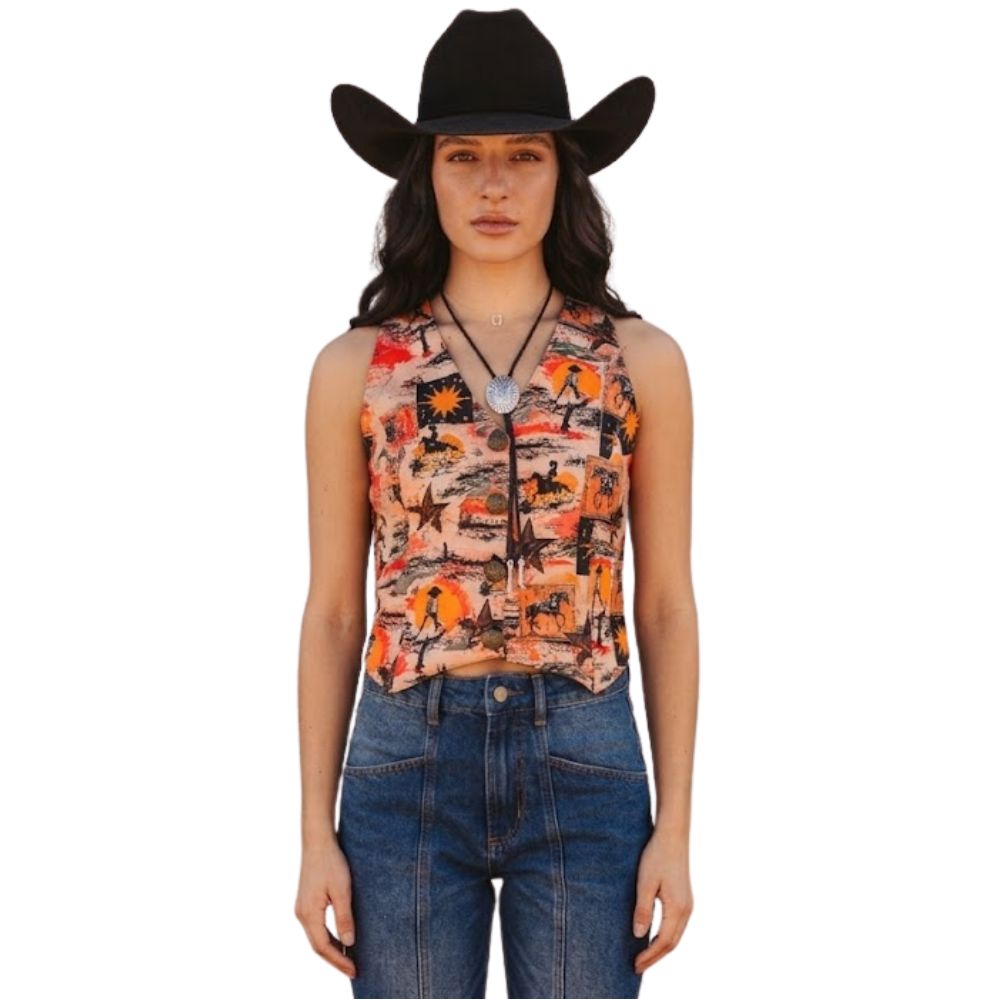 Colete Feminino Turkese Space Cowgirl Estampado Com Botões Ref:CT06605