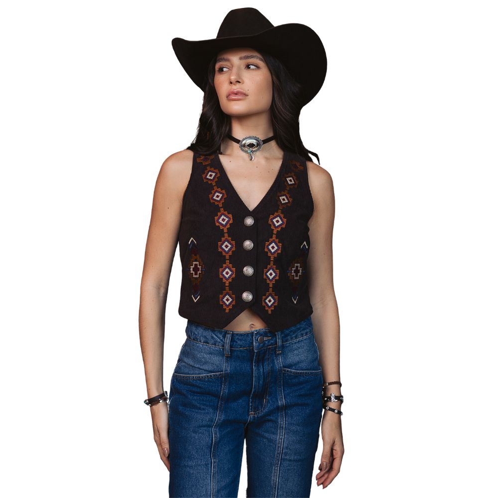 Colete Feminino Turkese Utah Marrom Veludo Canelado Bordado Botões Prata Ref:CT06603