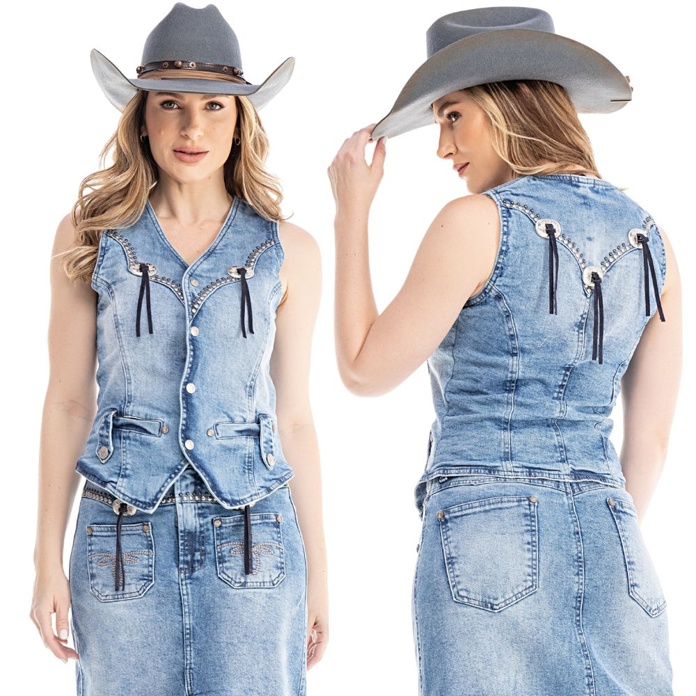 Colete Feminino Zenz Western Jeans Ballerina Farm Tachinhas Fivelas E Tento Em Couro Ref.ZW0325033-1607