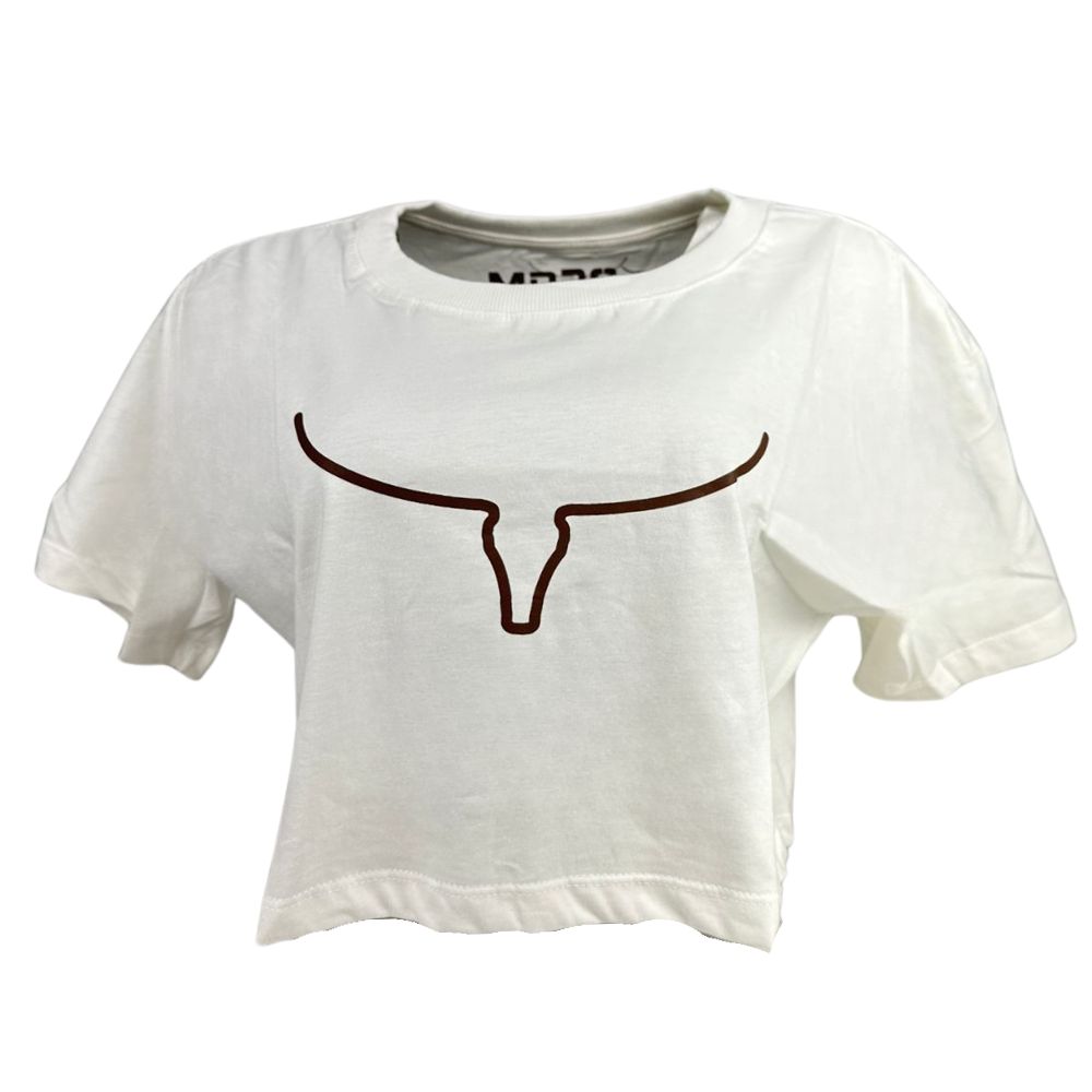 Camiseta Cropped Feminina Os Moiadeiros Manga Curta Branca Longhorn Marrom REF CRMF48