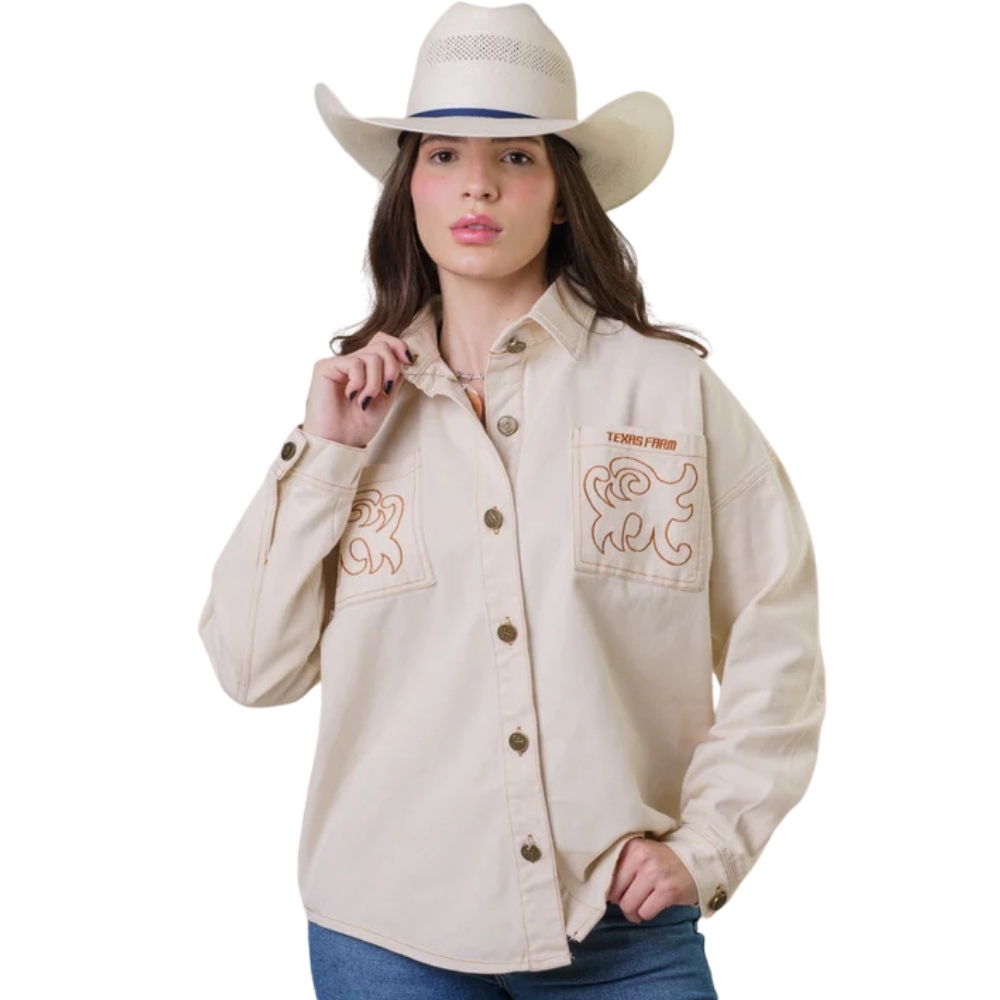 Jaqueta Feminina Texas Farm Oversized Camisão Off White Sarja Bordado Com Botões REF:JSO001