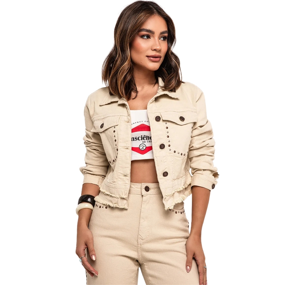 Jaqueta Feminina Consciência Jeans Cropped Caqui Tachinhas E Barra Desfiada - REF:24576