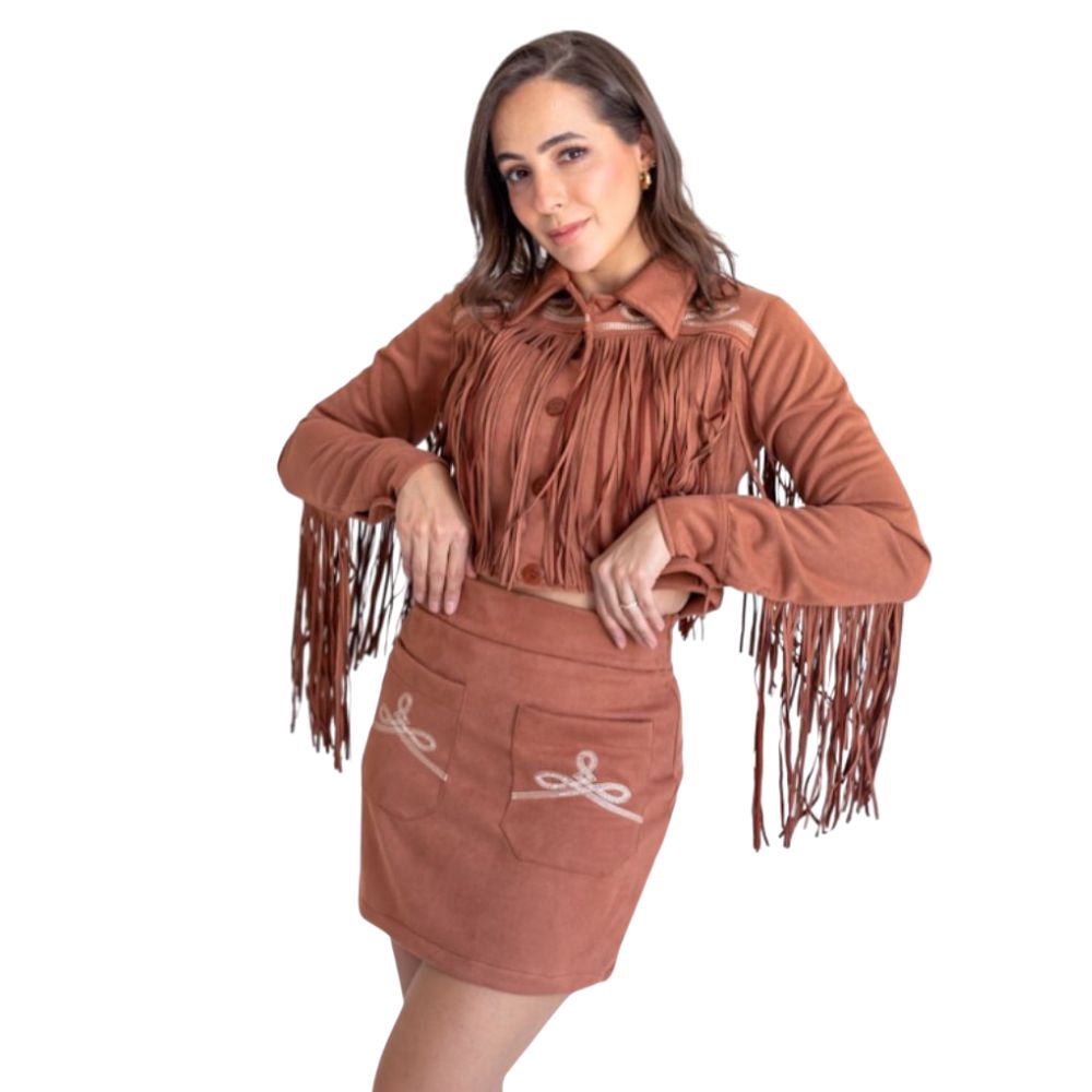 Jaqueta Feminina Country City Bordada Com Franjas Malu Marrom Ref:JM2102