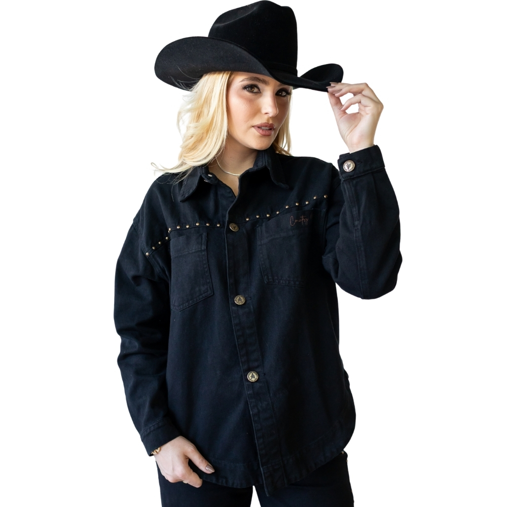 Jaqueta Feminina Country City Dallas Preto Jeans Bordado Tachinha Bordado Cavalo nas Costas REF:JD2148P