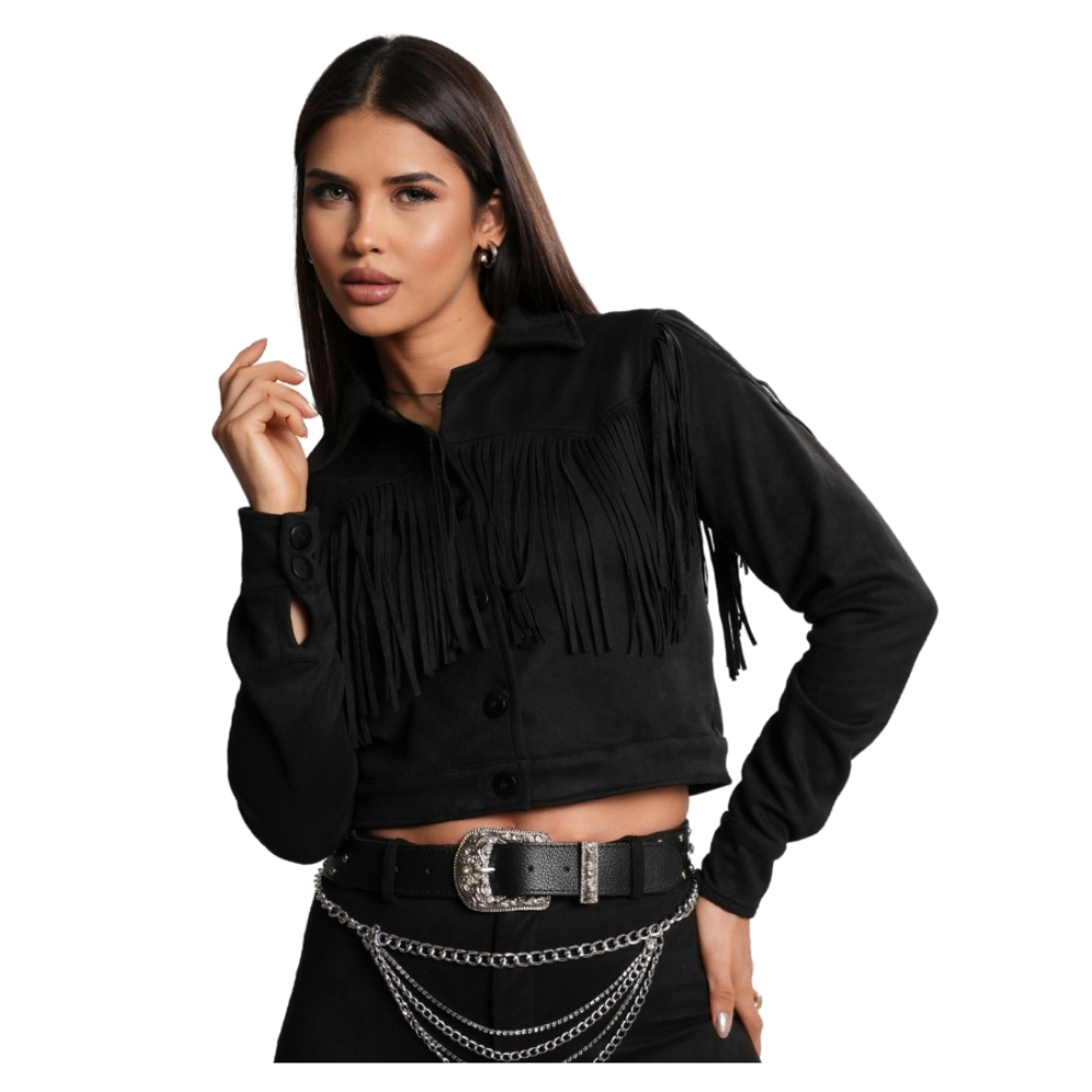 Jaqueta Feminina Country City Preta Paola Cropped Com Franjas REF: 168