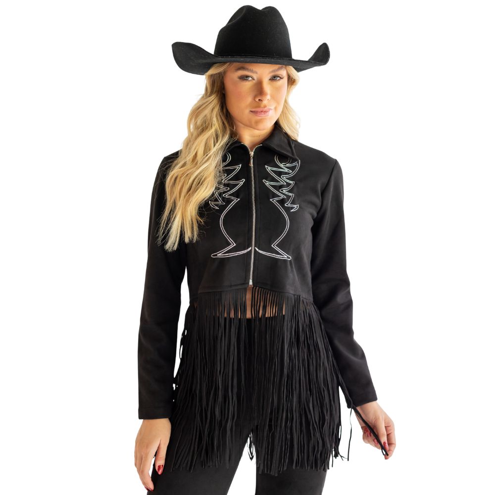 Jaqueta Feminina Country City Virginia Preto Com Franjas Bordado Branco Ref:JQ2109