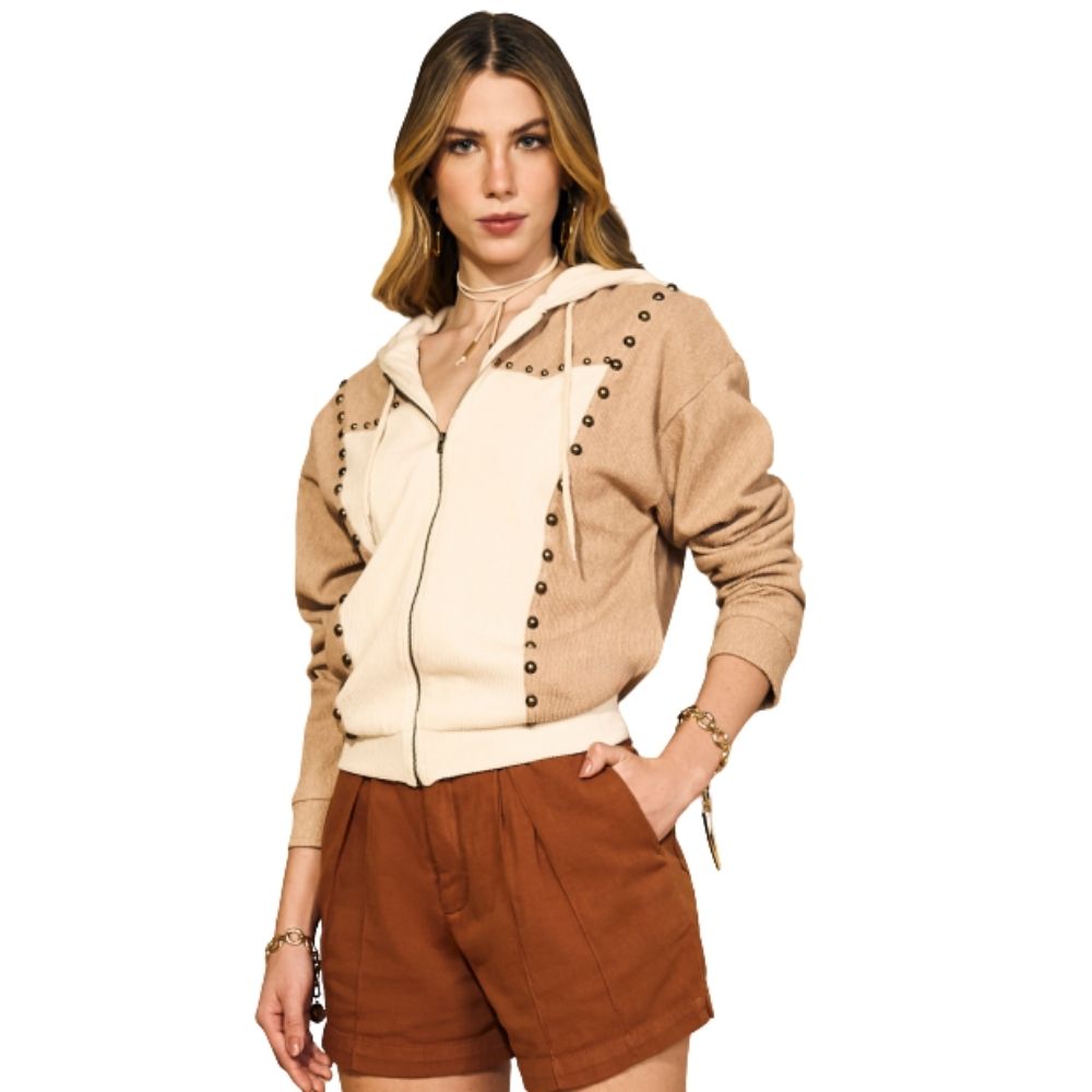Jaqueta Feminina Moon Horse Alabama Tecido Canelado Com Capuz Creme E Bege Escuro com Tachinhas Ref: 01.05.243