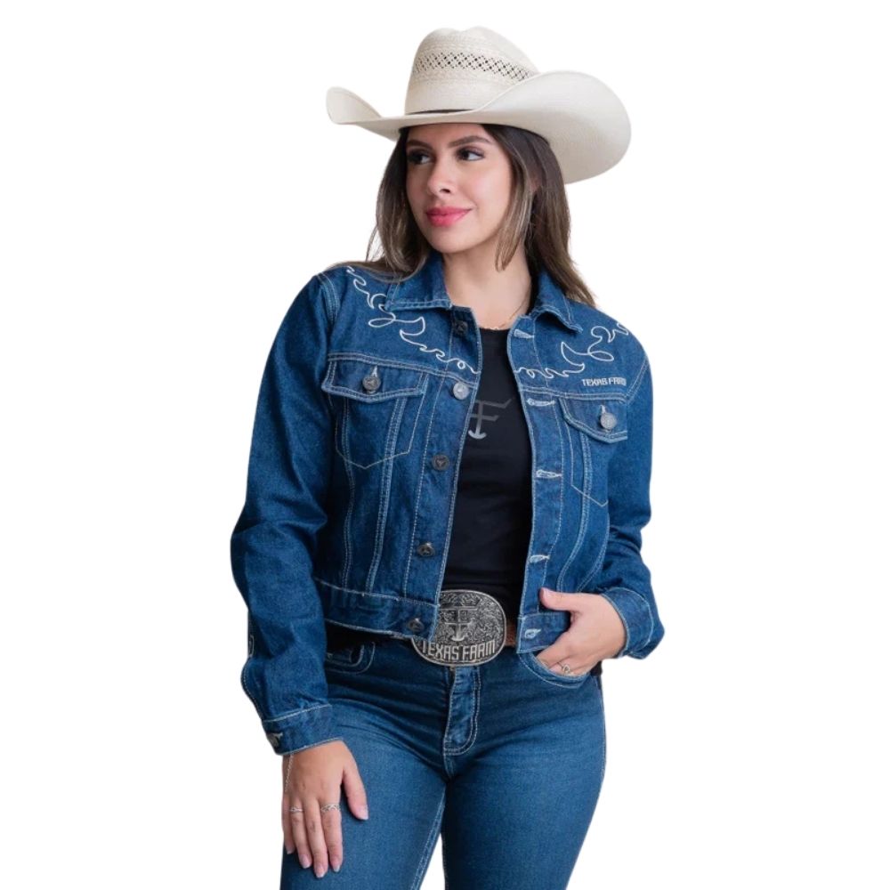 Jaqueta Feminina Texas Farm Jeans String Cropped Com Bolsos E Bordado Ref: JQF007
