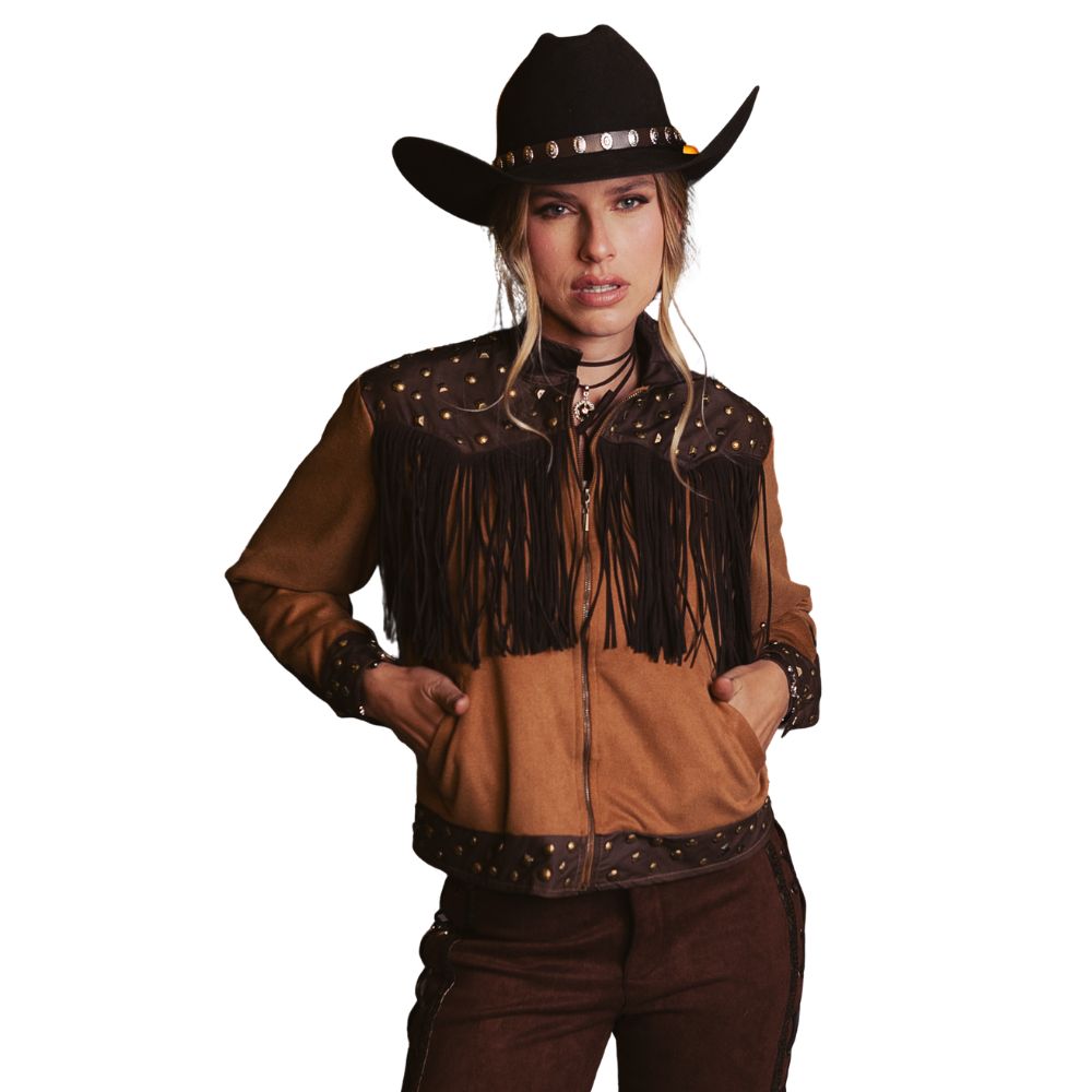 Jaqueta Feminina Turkese Yellowstone Caramelo e Marrom Franjas Tachinhas Douradas Ref:JQ07604