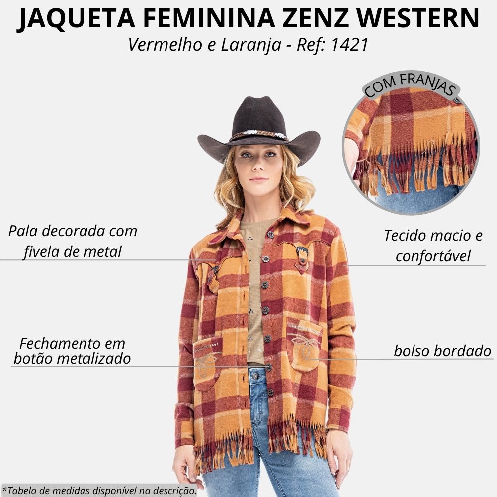 Jaqueta Feminina Zenz Western Coyote Manga Longa Xadrez Vermelho
