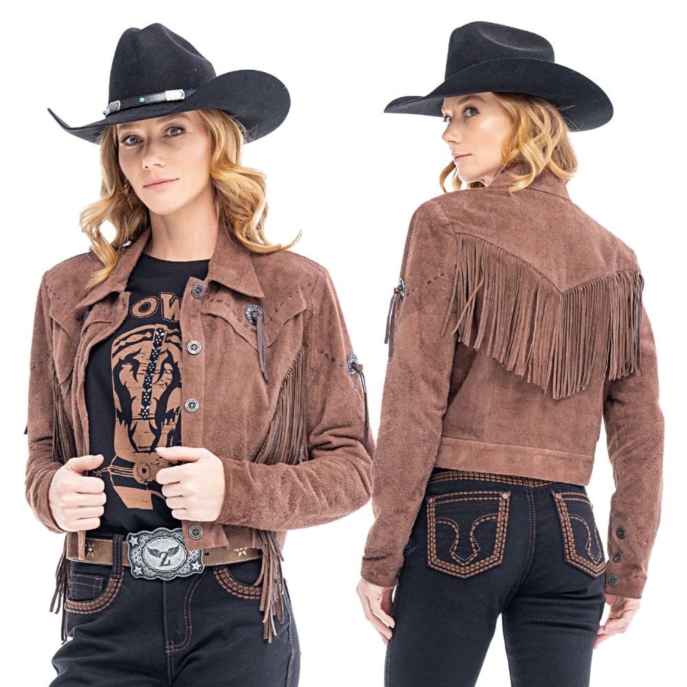 Jaqueta Feminina Zenz Western Horizon De Couro Nobuck Marrom Com Franjas Ref:1438