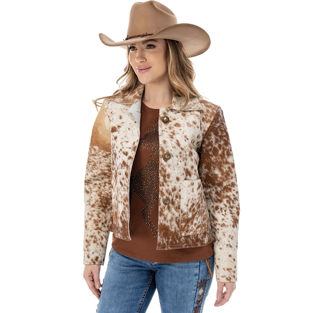 Jaqueta Feminina Zenz Western Mountains Em Couro De Pelo De Boi Mesclado Bege E Marrom Ref: ZW0126005-1641