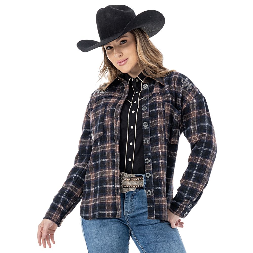 Jaqueta Feminina Zenz Western Trail Flanela Xadrez Marrom Gola De Couro E Brilhos Ref: ZWO126014-1690