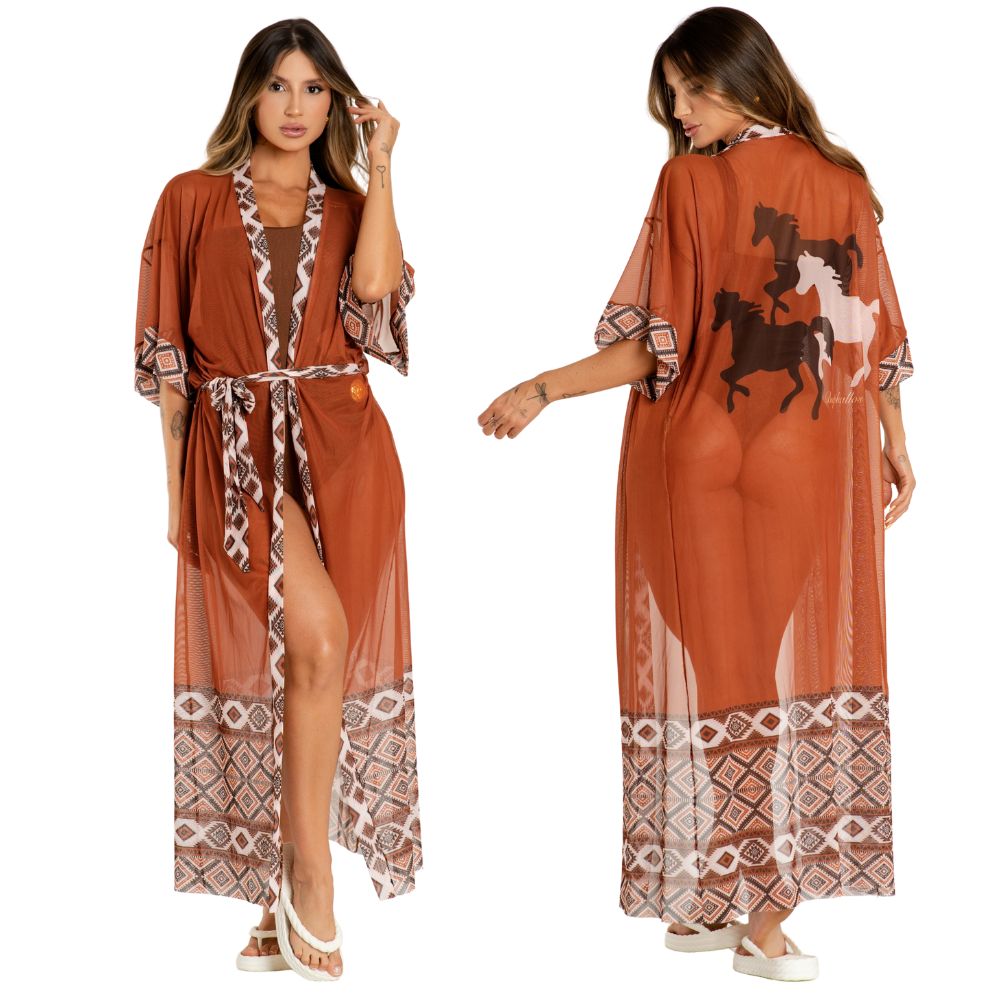 Kimono Feminino Buphallos De Praia Orange Horses Estampado Ref: ACS37