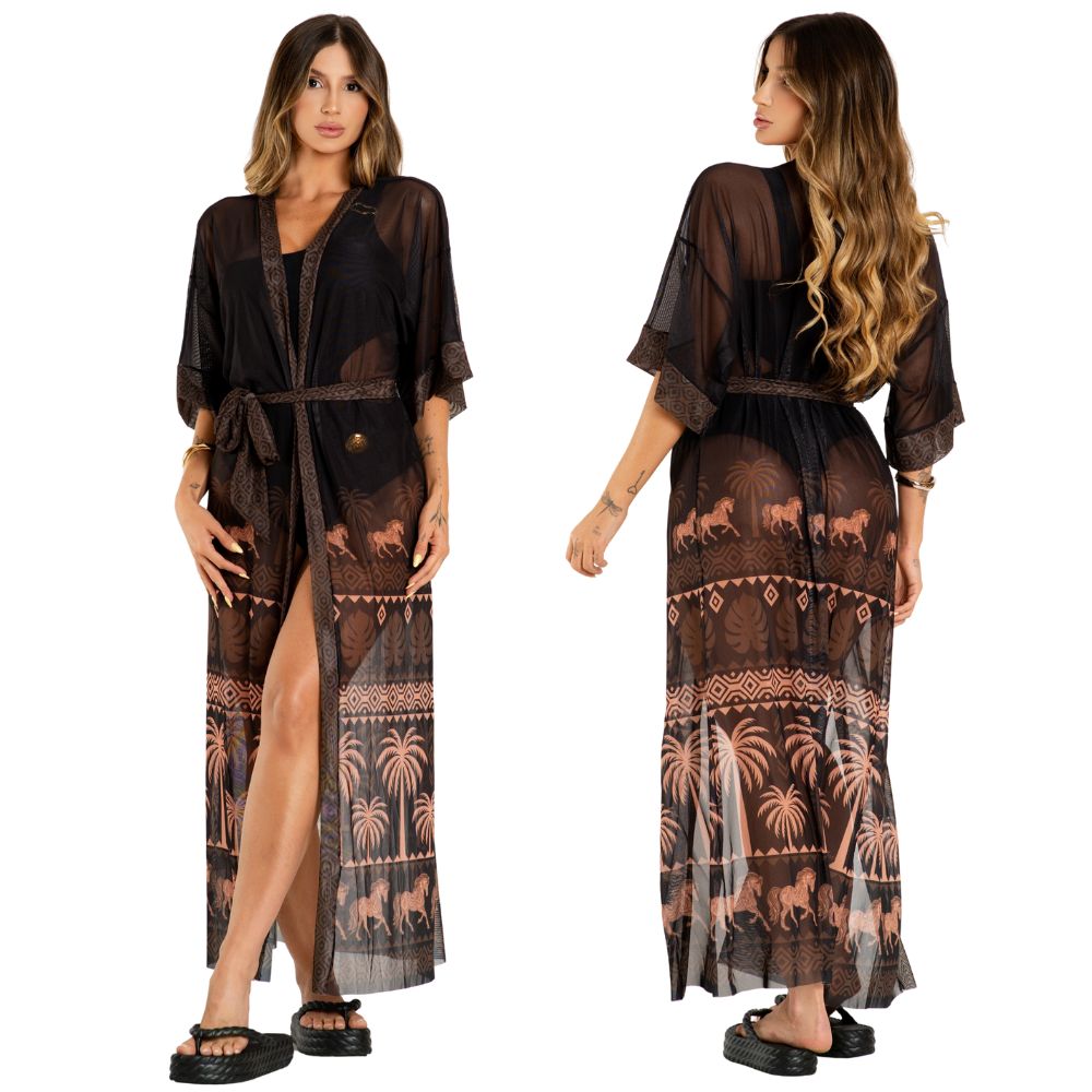 Kimono Feminino Buphallos De Praia Preto Horses Estampado Ref: ACS38