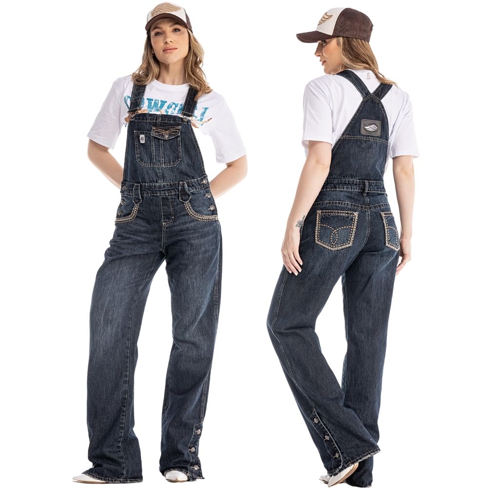 Macacão Feminino Zenz Western Jeans Escuro Denim Farm Bordado Nos Bolsos E Botons Ref: ZW0325001-1601