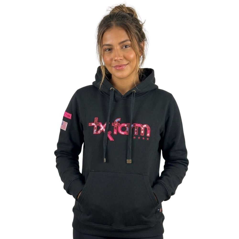 Moletom Feminino Texas Farm Com Capuz Modelo Canguru Preto Logo Bordada Ref:MTF021