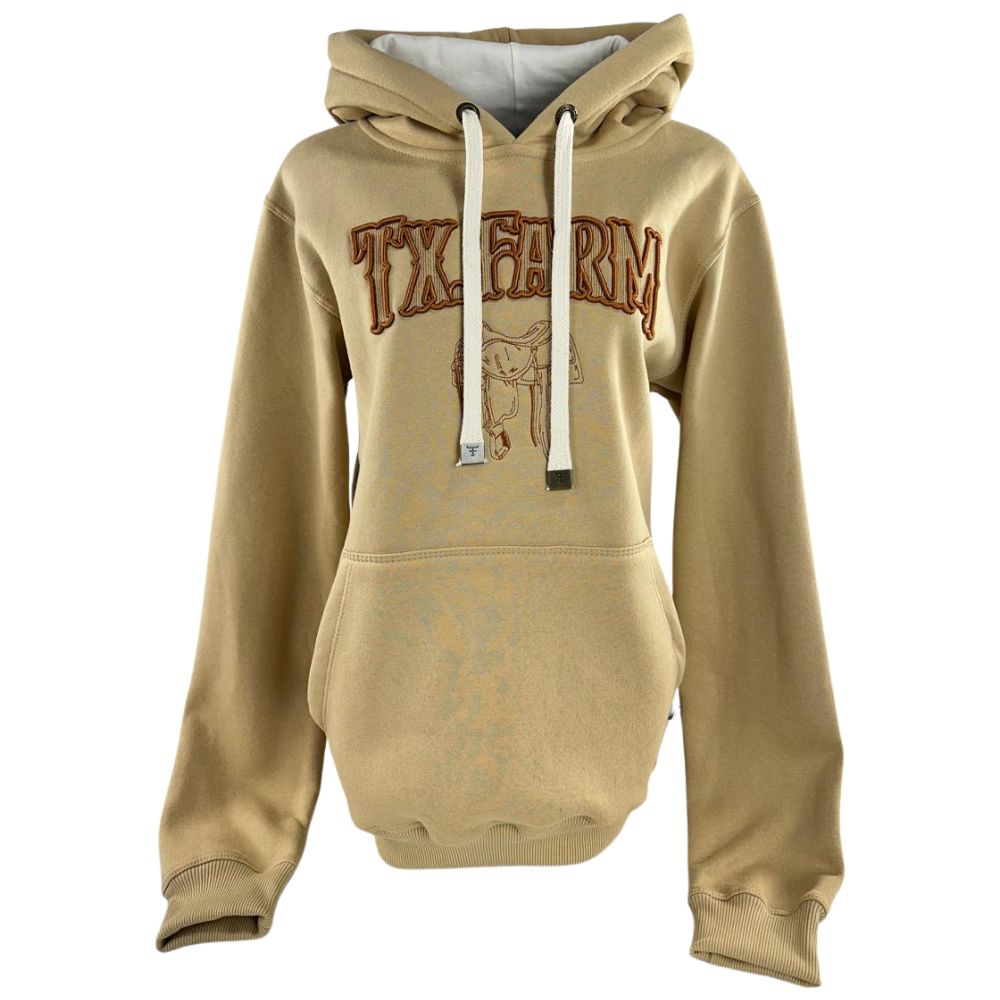 Moletom Feminino Texas Farm Alliance Com Capuz Modelo Canguru Bege Areia Com Logo R: MTF035