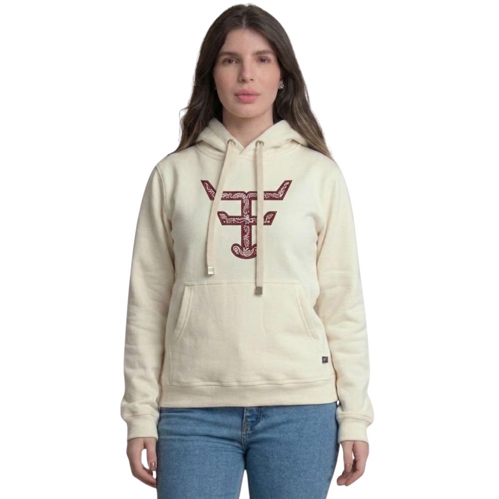 Moletom Feminino Texas Farm Alliance  Modelo Canguru Capuz Off White Logo Vermelho - Ref: MTF034
