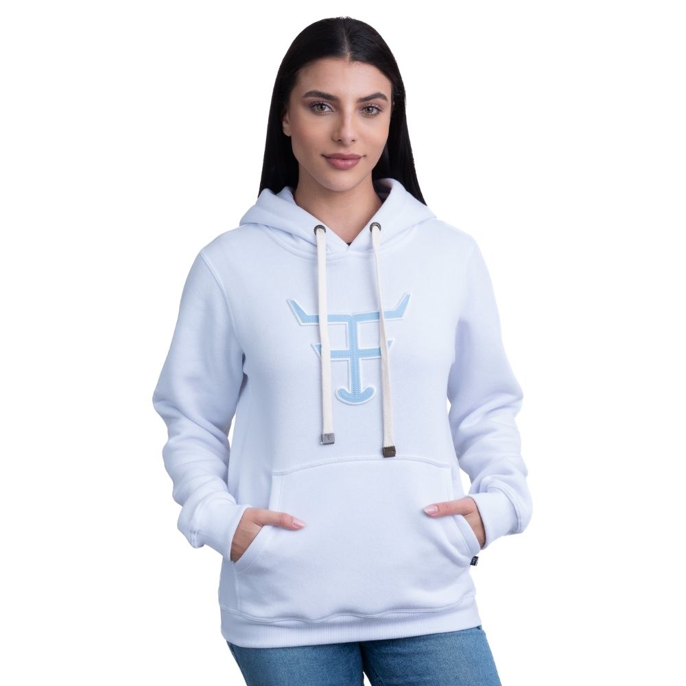 Moletom Feminino Texas Farm Branco Modelo Canguru Com Logo Azul Claro MTF016