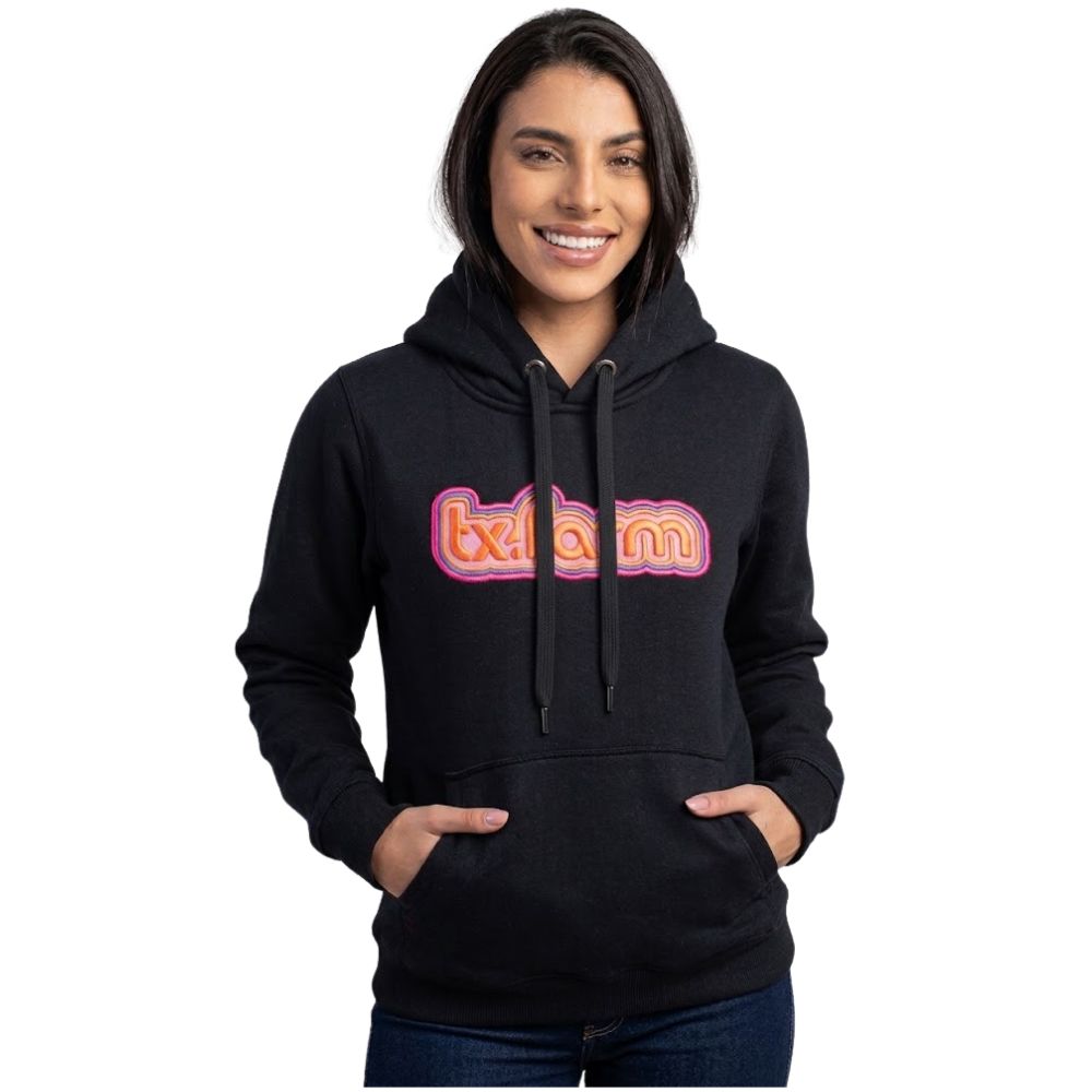 Moletom Feminino Texas Farm Modelo Canguru Capuz Preto Logo Bordado Rosa/Azul E Laranja  - Ref: MTF033