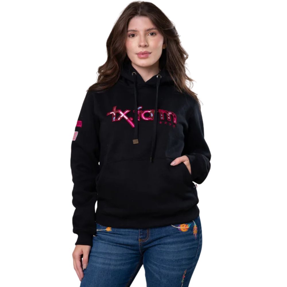 Moletom Feminino Texas Farm Modelo Canguru Capuz Preto Logo Rosa - Ref: MTF021