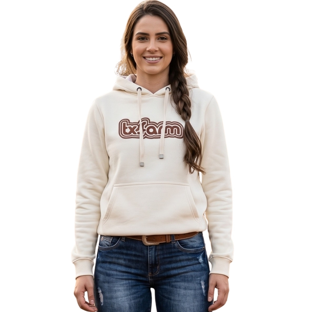 Moletom Feminino Texas Farm Canguru Capuz Bege Logo Bege E Marrom REF:MTF033
