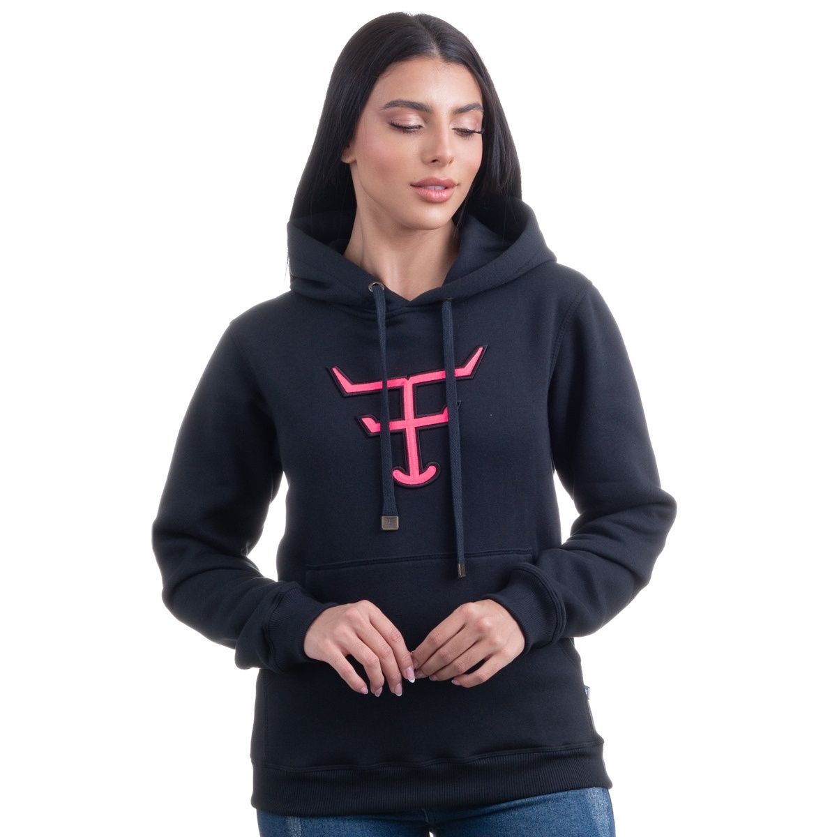 Moletom Feminino Texas Farm Preto Modelo Canguru Com Logo Pink Neon - Ref. MTF016