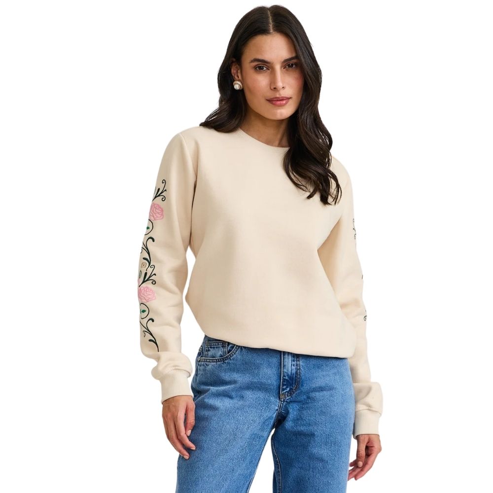 Moletom Feminino TXC Gola Careca Areia Manga Longa De Flores Bordadas - REF:9242