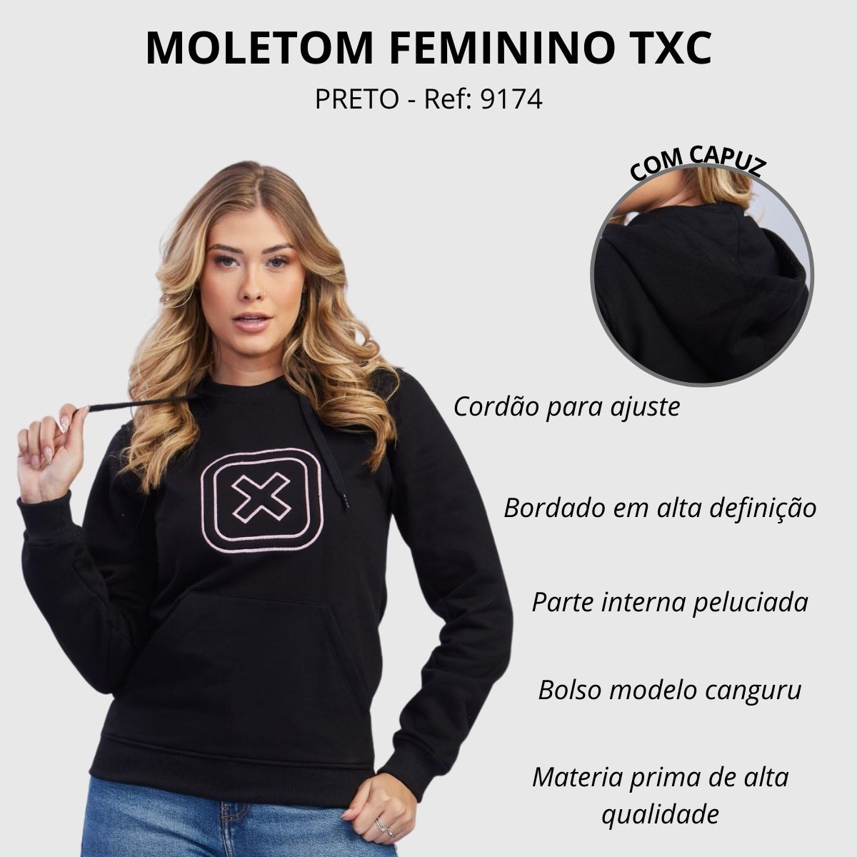 Moletom Feminino TXC Preto Modelo Canguru Com Logo Bordada Em Rosa
