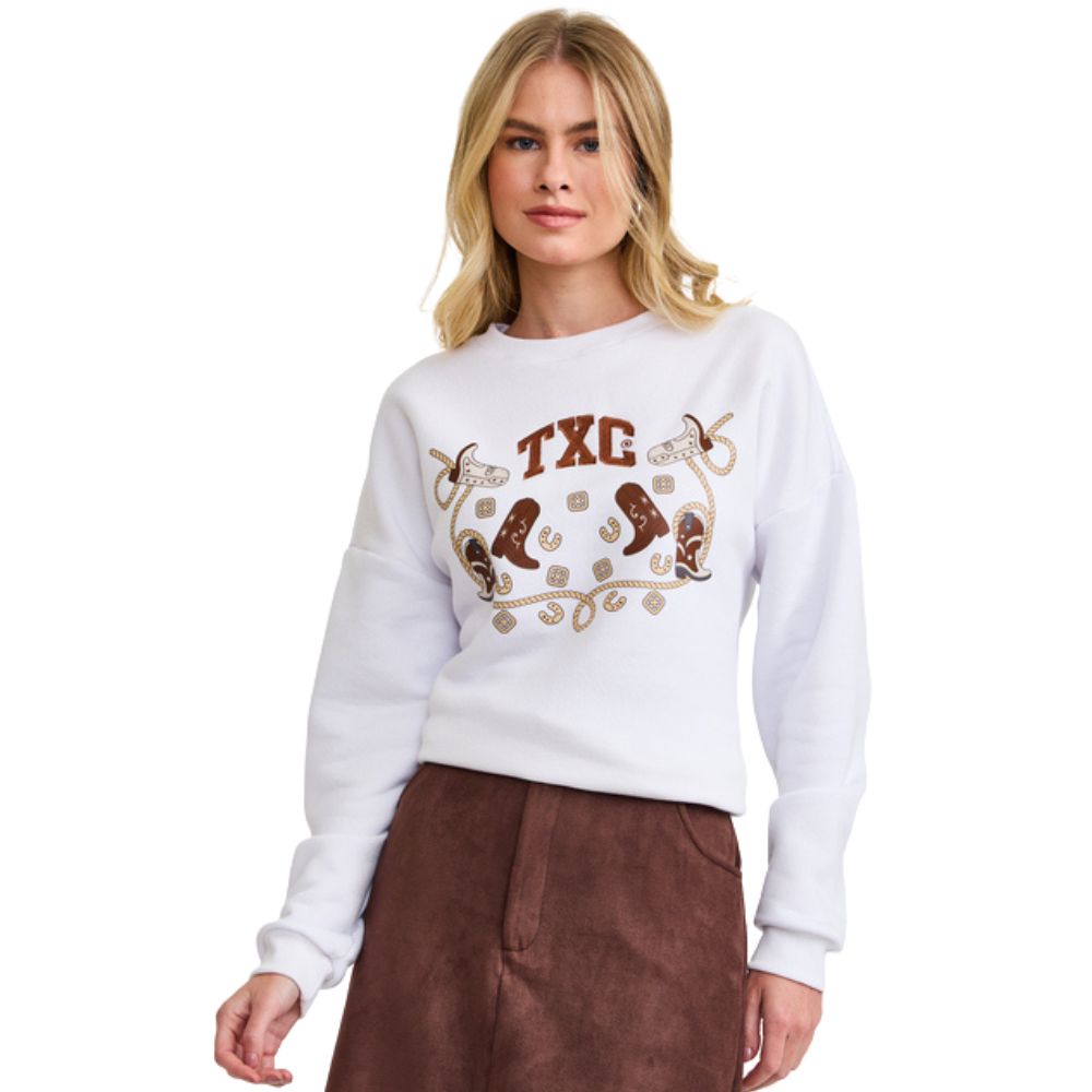 Moletom Feminino TXC Regular Branco Bordado Logo E Botas Em Marrom Ref:9241